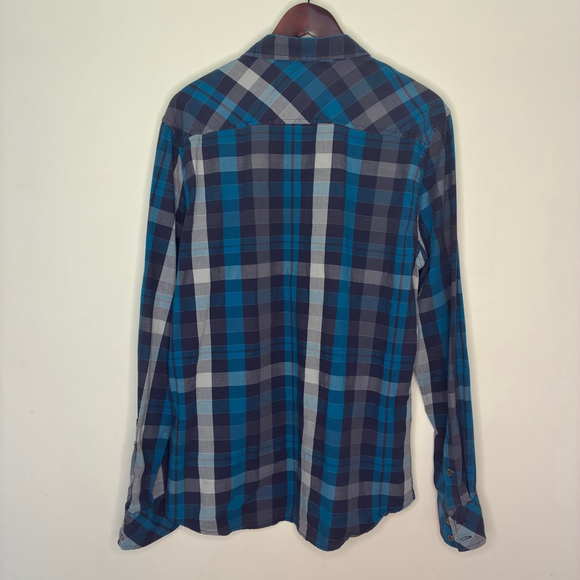 GUESS Men’s Large Blue Plaid Long Sleeve Button-Down Shirt - Picture 2 of 9